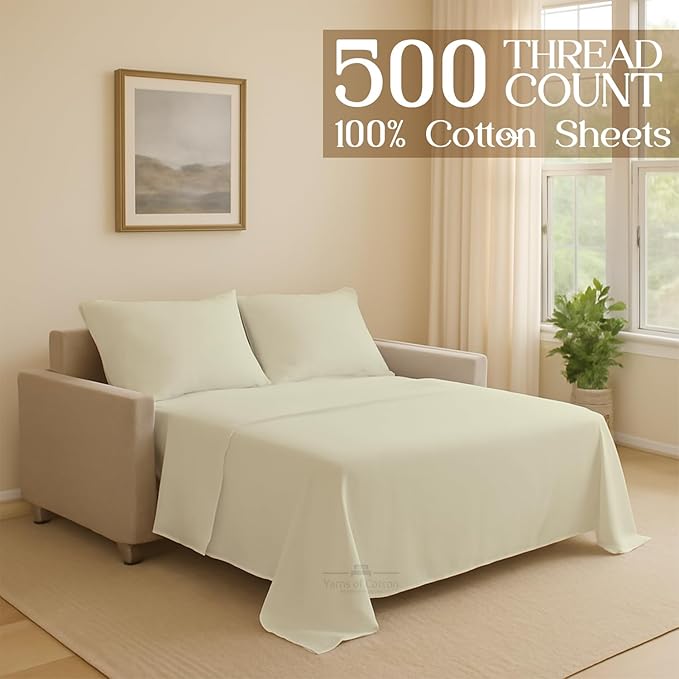 Sleeper Sofa 4 Piece Bed Sheet Set Premium Quality 100% Cotton 500 Thread Count, Smooth & Super Soft Sateen Weave, Extra Soft Bed Sheets, Wrinkle Free, 6 Inch Deep Pocket (Full, Ivory)