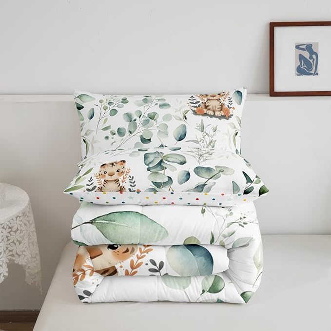 Erosebridal Kids Cute Animal Toddler Comforter Set for Girls Boys Cartoon Tiger Bedding Set, Spring Eucalyptus Bedding Comforter Sets Leaves Duvet Set, Kawaii Jungle Animal Quilted Comforter