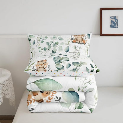 Erosebridal Kids Cute Animal Queen Size Comforter Set for Girls Boys Cartoon Tiger Bedding Set, Spring Eucalyptus Down Comforter Watercolor Leaves Bed Set, Kawaii Jungle Animal Quilted Duvet