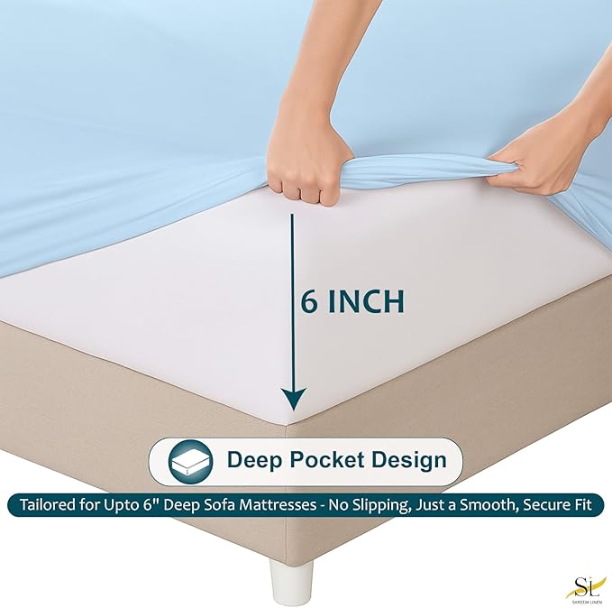 Sleeper Sofa Bed Sheet Set – Full Size, 100% Cotton, 338 Thread Count – 4-Piece Sofa Bed Sheets – Fits Mattresses Up to 6” Deep – Soft & Durable Pull-Out Couch Sheets (Light Blue Solid)