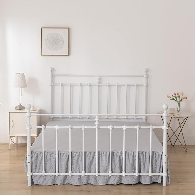 Bed Skirt King Size Ruffled Bed Skirt with Split Corners, 18 Inch Drop Dust Ruffle Bed Skirts with Platform, Boho Tufted Shabby Chic Full Size Bed Skirts, Light Grey