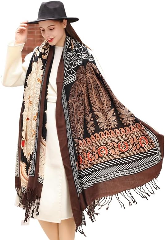 DANA XU 100% Merino Wool Pashmina Shawl for Women 96"x43", Oversized Cashmere Wrap with Tassels, Floral Travel Blanket Cape