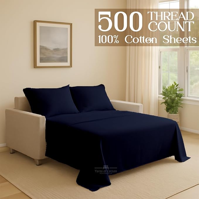Sleeper Sofa 4 Piece Bed Sheet Set Premium Quality 100% Cotton 500 Thread Count, Smooth & Super Soft Sateen Weave, Extra Soft Bed Sheets, Wrinkle Free, 4 Inch Deep Pocket (Queen, Navy)