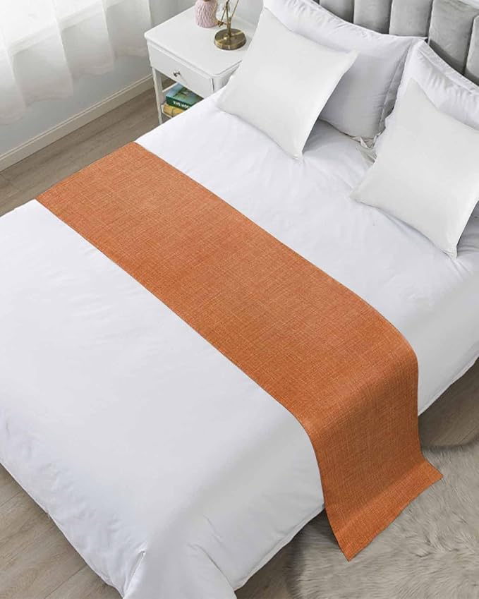 Vintage Orange Linen Burlap Bed Runners for Bedroom Hotel,Decorative Bedding Scarf Farm Fall Thanksgiving Bed End Blanket Bedding Runner Scarves for King Size Bed,102x20in