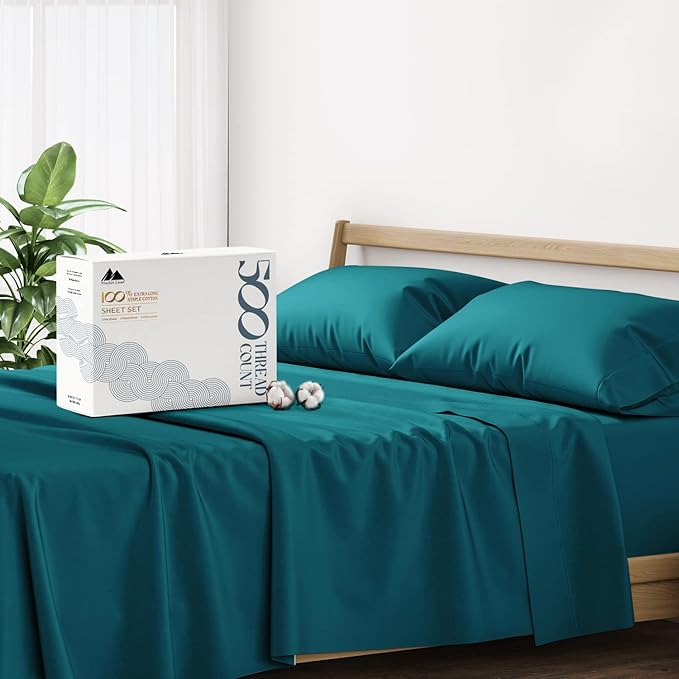 Mayfair Linen 500 Thread Count California King Cotton Sheets - 4 PC Cal King Size Bed Sheet Set Cotton (Teal), Soft, Cooling, Sateen Weave 16" Deep Pocket Bedsheet for Hot Sleepers (Fits 18" Mattress)