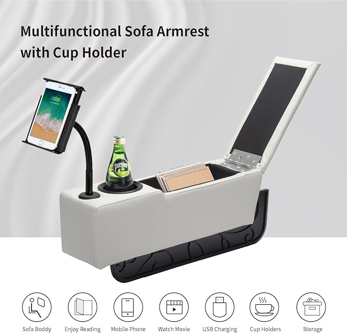 Sofa Armrest with Cup Holder, PU Leather Multifunctional Couch Arm Rest Insert, Removable Couch Caddy with Storage, Equipped with LED Reading Light & Wireless Charge Stand