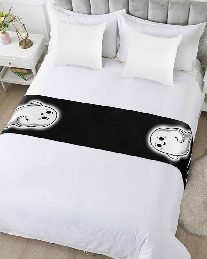 Halloween Cute Ghost Boo Bed Runners for Bedroom Hotel,Decorative Bedding Scarf Black and White Bed End Blanket Bedding Runner Scarves for Twin Size Bed,71x20in