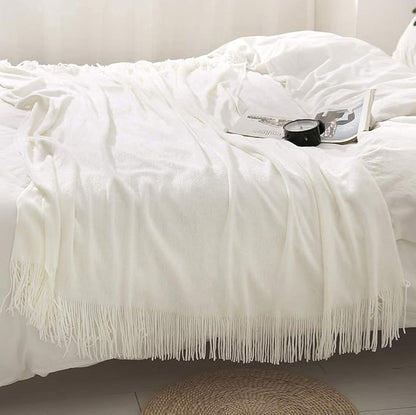 Homiest Decorative Knitted Throw with Fringe, Lightweight Acrylic Knit Blanket, Soft & Cozy Tassel Blanket for Couch, Sofa, Bed (Ivory White, 60 x 80 Inch)