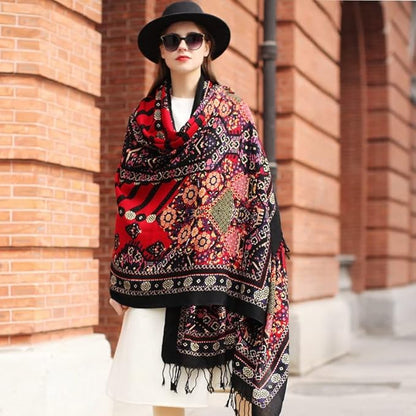 DANA XU 100% Merino Wool Pashmina Shawl for Women 96"x43", Oversized Cashmere Wrap with Tassels, Floral Travel Blanket Cape