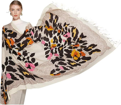 DANA XU 100% Merino Wool Pashmina Shawl for Women 96"x43", Oversized Cashmere Wrap with Tassels, Floral Travel Blanket Cape