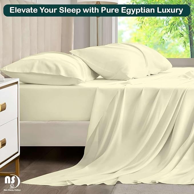 NON Sticky cotton Full Size Sleeper Sofa Sheets, 4 Piece Egyptian Cotton Bed Sheet Set for Sofa Bed, 10" Deep Pocket for Pull Out Couch Mattress, 54" x 75", Ivory Solid, Soft & Breathable