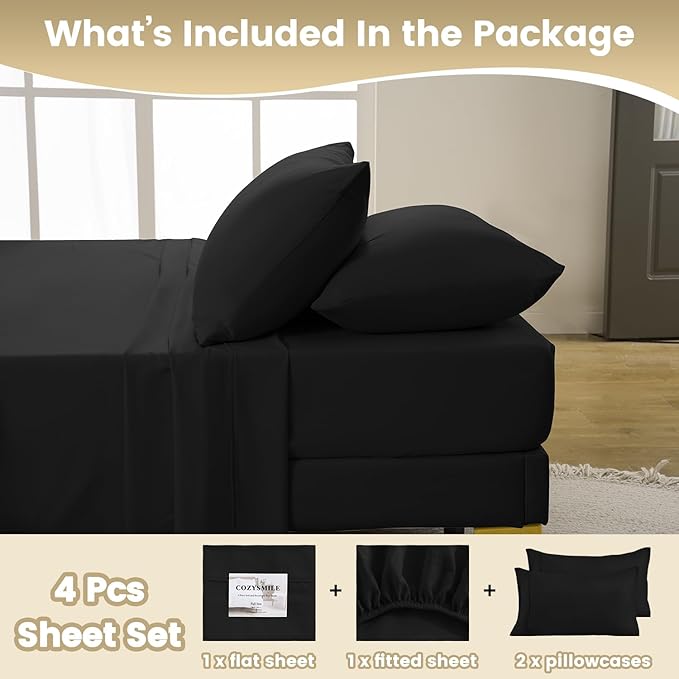 California King Size Sheet Set - Luxury 4 Piece Breathable Soft Sheets for King Size Bed, 16" Deep Pocket Wrinkle Free Cooling Bedding Sheet and Pillowcase Set Cal King Size, Black