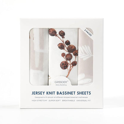 GRSSDER Stretchy Ultra Soft Fitted Bassinet Sheet Set 3 Pack, Universal Fit for Bassinets Baby Cradle Moses Basket Oval Rectangle Mattress Safe and Snug, Stylish Pretty Flora for Baby, Beige