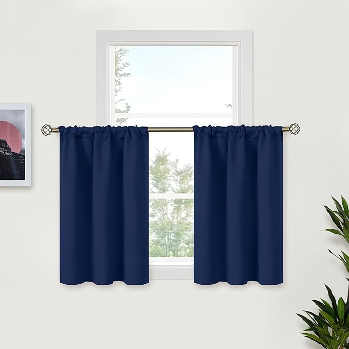 BGment Navy Blue Cafe Curtains 30 Inch Length - Short Half Drapes with Rod Pocket Blackout Blinds Privacy for Rv Kitchen Bathroom Window, 2 Panels, 34 x 30 Inch