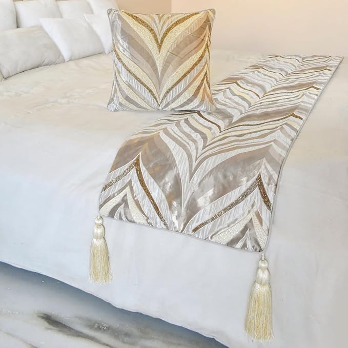 The HomeCentric King/Queen/Twin Ivory Luxury Queen 74"x18" Bed Runner Without Pillow Cover, Bead Hand Embroidery Bed Scarf on Jacquard Fabric - Clarissa Serene