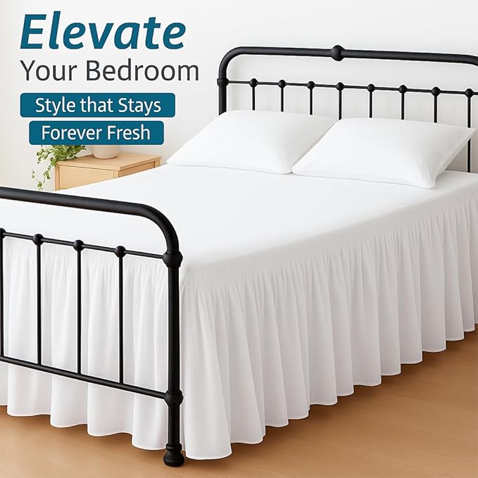 Shreem Linen Ruffled Bed Skirt with Split Corners, Gathered Style, 100% Microfiber, 18-Inch Drop, Dust Ruffle Bedskirt with Platform, Cal-King, White