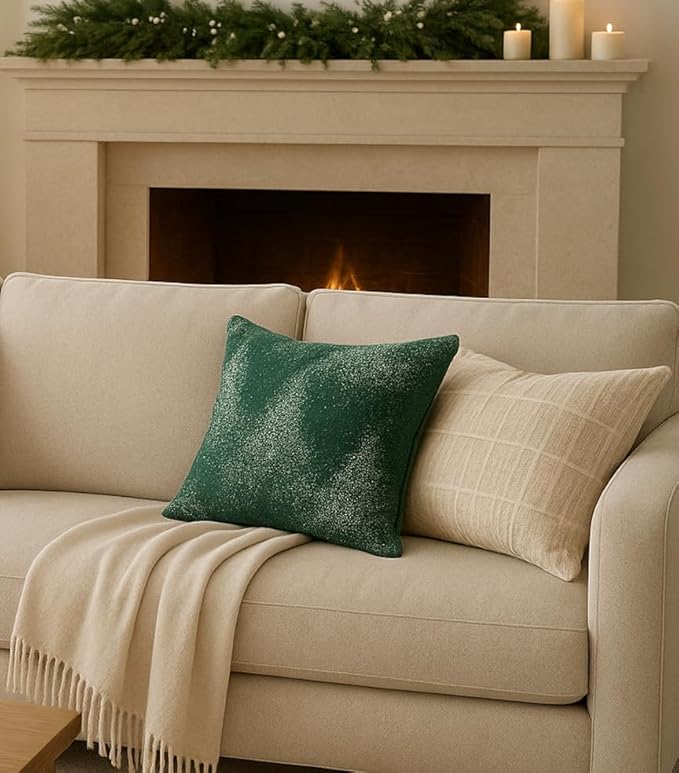 SanVia Moss & Snow Premium Cotton Throw Pillow Covers, 20 x 20 Inches, Green Handwoven Couch Pillow Covers, Luxury Holiday Theme Home Décor Cushion Cover, Insert Not Included