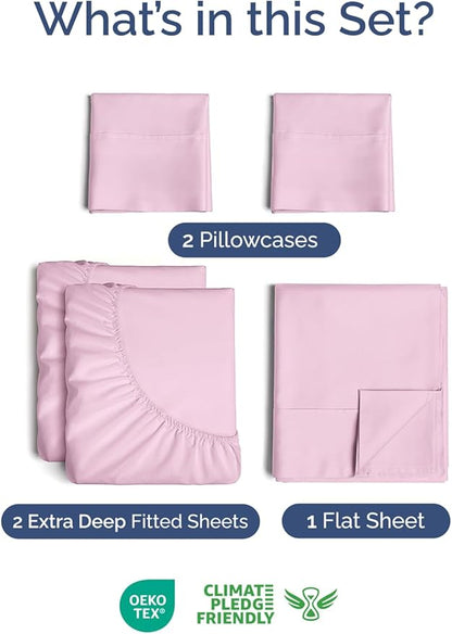 Extra Deep Pocket Split King Sheets - 5 Piece Breathable & Cooling Bed Sheets - Hotel Luxury Bed Sheet Set - Soft, Wrinkle Free & Comfy - Easily Fits Extra Deep Mattresses - Light Pink Sheets Set