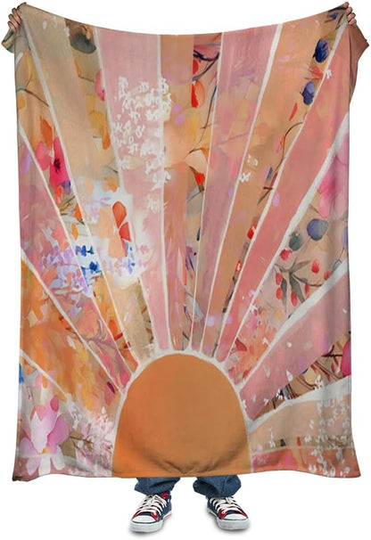 Orange Boho Sun Throw Blanket 60Wx80H Inch Bohemian Minimalist Art Boys Girls Abstract Colorful Flower Aesthetic Blankets Warm Fuzzy Throw Blanket for Sofa Bed Throws Birthday Presents