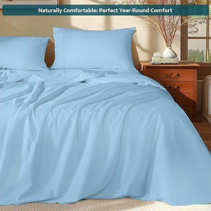 Queen Sheet Set - Luxury 338 Thread Count Sateen, 100% Egyptian Cotton Deep Pocket Queen Sheets with All Around Elastic for a, Hotel Quality Bedding Set (Light Blue Solid)