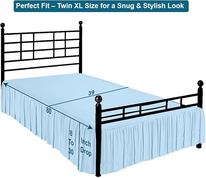 Shreem Linen Ruffled Bed Skirt with Split Corners, Gathered Style, 100% Microfiber, 15-Inch Drop, Dust Ruffle Bedskirt with Platform, Twin-XL, Light Blue