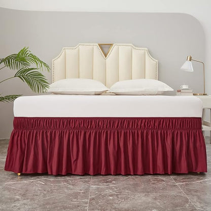 MEILA Wrap Around Bed Skirt Three Fabric Sides Elastic Dust Ruffled 18 Inch Tailored Drop,Easy to Install Fade Resistant-Burgundy, Twin/Full