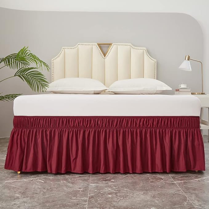MEILA Wrap Around Bed Skirt Three Fabric Sides Elastic Dust Ruffled 14 Inch Tailored Drop,Easy to Install Fade Resistant-Burgundy, Twin/Full