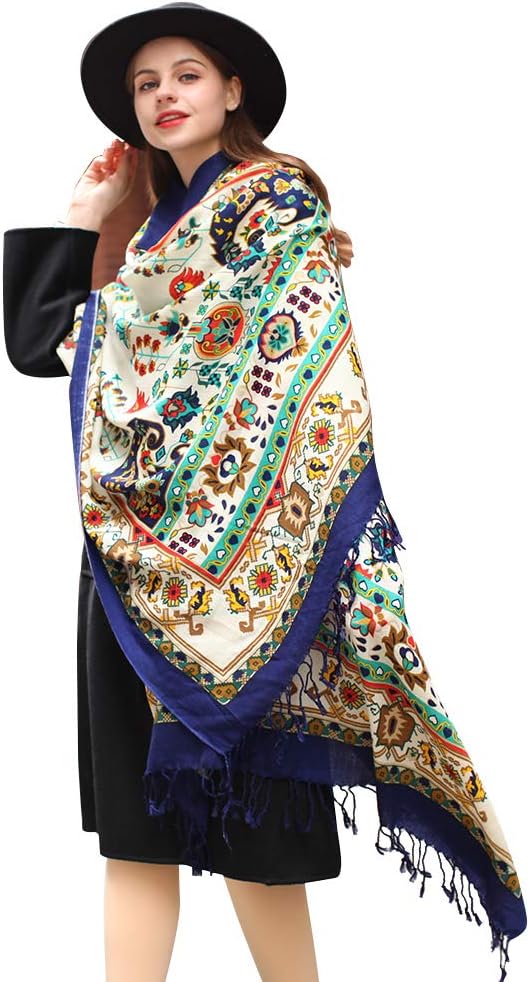 DANA XU 100% Merino Wool Pashmina Shawl for Women 96"x43", Oversized Cashmere Wrap with Tassels, Floral Travel Blanket Cape