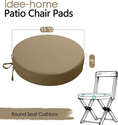 idee-home Outdoor Bistro Chair Cushions, 15”x15”x 3” Thick Outdoor Round Seat Cushions Set of 2 with Ties, Waterproof Round Patio Furniture for Garden