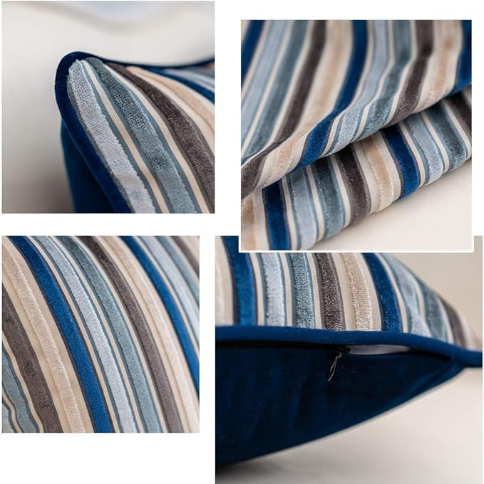 Yangest Blue Striped Throw Pillow Cover Multicolor Velvet Cushion Cover Zippered Rectangular Pillowcase for Sofa Couch Bedroom Living Room Home Decoration, 12x20 Inch