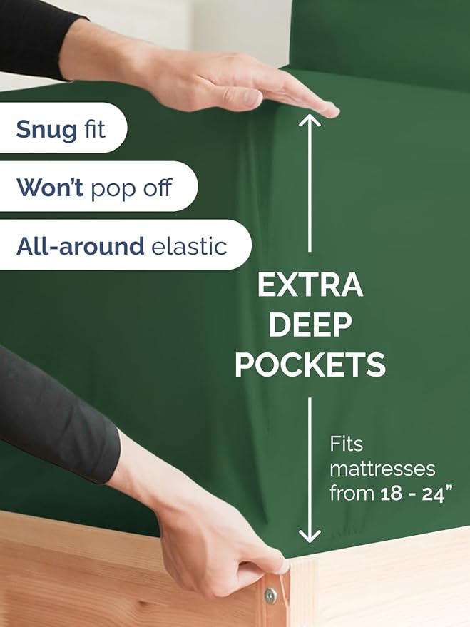 Extra Deep Full Fitted Sheet - Hotel Luxury Single Fitted Sheet Only - Easily Fits 18 inch to 24 inch Mattress - Ultra Soft, Wrinkle Free with Extra Deep Pockets - Breathable & Comfy - Emerald Green