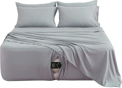 Queen Sheet Set for Air Mattress, 6 Piece Air Bed Sheets Set with 18-24 Inches Extra Deep Pocket, Soft & Breathable Inflatable Bed Sheet Set with Flat Sheet, Fitted Sheet and Pillowcases, Grey