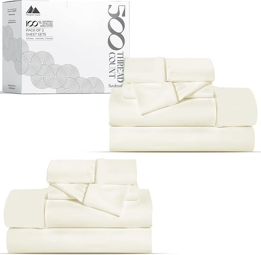 Mayfair Linen 100% Egyptian Cotton 2 Pack King Sheet Set - Luxury 500 Thread Count Cotton Sheets King Size (8 PC, Ivory), Soft, Cooling, Sateen Weave, 16" Deep Pocket Hotel Quality Bed Sheet Set