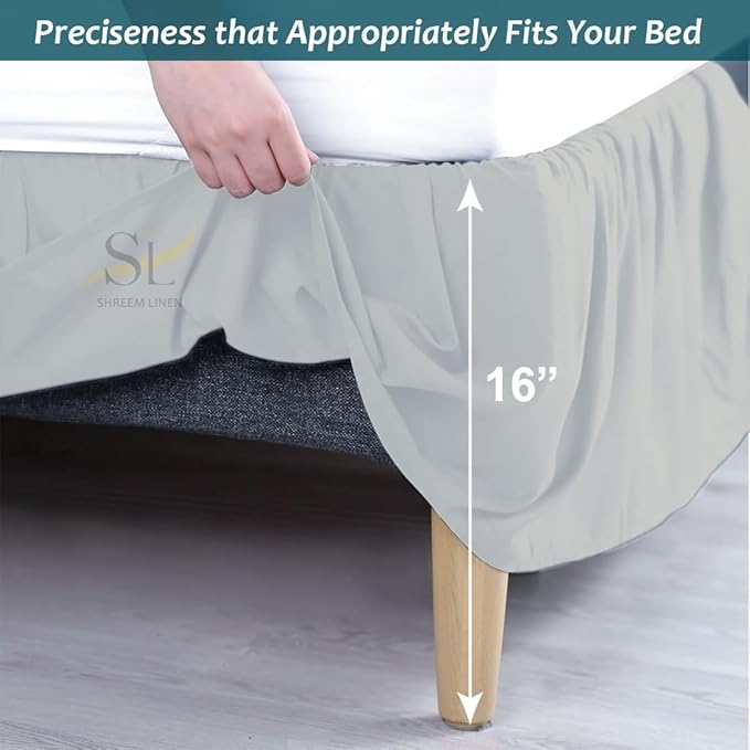 Shreem Linen Ruffled Bed Skirt with Split Corners, Gathered Style, 100% Microfiber, 16-Inch Drop, Dust Ruffle Bedskirt with Platform, Full, Light Grey