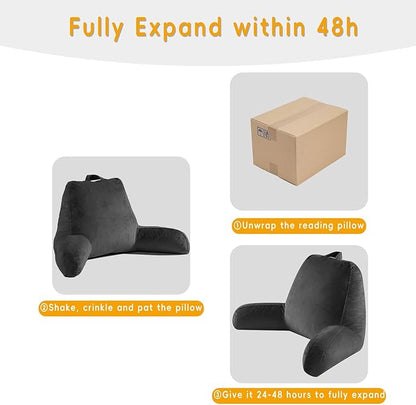 Reading Pillow for Sitting in Bed Adult, Reading Pillow with Shredded Memory Foam, Bed Pillow with Washable Cover, Back Pillow Sitting Up with Extend Arms, Black, Large