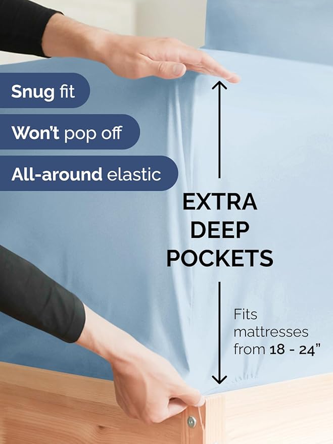 Extra Deep Cal King Fitted Sheet - Hotel Luxury Single Fitted Sheet Only - Easily Fits 18 inch to 24 inch Mattress - Ultra Soft, Wrinkle Free with Extra Deep Pockets - Breathable & Comfy - Sky Blue