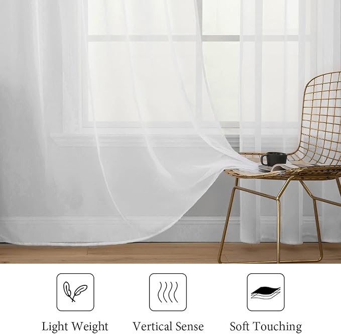 MIULEE Short White Sheer Curtains 45 Inches Long, Light Filtering Voile Drapes with Rod Pocket for Bathroom Windows, Small Window Treatments, 2 Panels Set