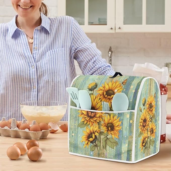Sunflower Stand Mixer Cover Green Wood Grain Mixer Cover Dust Cover Compatible with 6-8 Quart Kitchen Mixer Anti-Stain Anti-Static Appliance Cover with Top Handl and Pockets