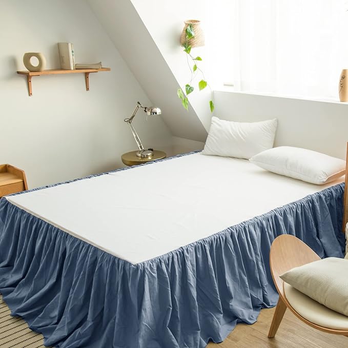 BISELINA French Linen Bed Skirt with Pleated Frills 14-Inch Tailored Drop Natural Flax Cotton Blend Dust Ruffle Soft Cozy Farmhouse Bedding (14" Full, Navy Blue)