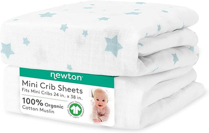 Newton Baby Mini Crib Fitted Sheets (2-Pack) | Organic Muslin Cotton, Breathable & Soft Baby Sheets, Washable Baby Mattress Sheets, Fits Any Mini Sized Crib 24" x 38", Moonstone Mist Stardust + White