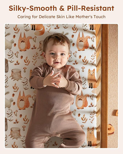 Baby Crib Sheets for Boys Girls, 28x52x8in Fitted Crib Sheet Neutral 3 Pack for Standard Crib and Toddler Mattress, Breathable Soft Microfiber Baby Sheet Green & Brown Fox
