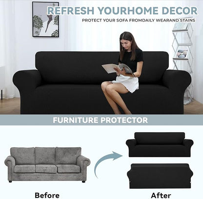 LURKA Stretch Oversized Sofa Slipcovers 1 Piece Couch Covers for 3 Cushion Couch Sofa Furniture Protector Full Sofa Covers with Elastic Bottom for Kids and Pet (X-Large, Black)