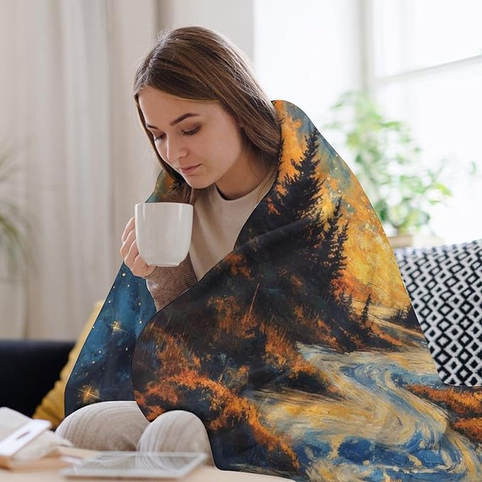Magic Forest Blanket, Abstract Art Oil Painting Dreamworld River Jungle Sunset Pattern Soft Warm Cozy Plush Flannel Covers for Livingroom Bedroom Couch Chair Camping Travel Home Decor Tapestry 30x40in