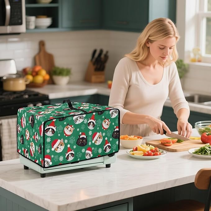 Christmas Decorations Countertop Convection Oven Cover Dust-Proof Toaster Oven Cover with Pockets, Countertop Convection Oven Protector, S, Christmas Hat Cat Paw Snowflake Green