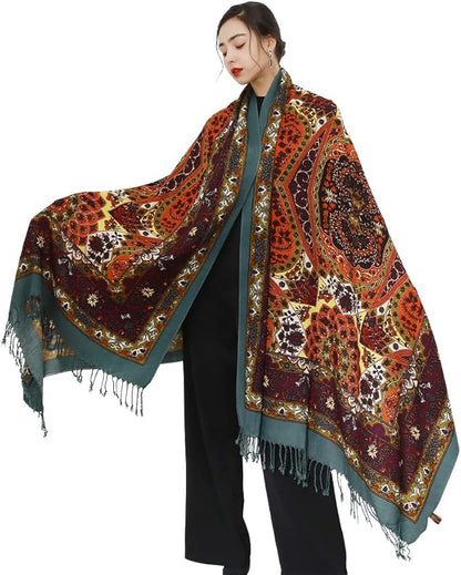 DANA XU 100% Merino Wool Pashmina Shawl for Women 96"x43", Oversized Cashmere Wrap with Tassels, Floral Travel Blanket Cape