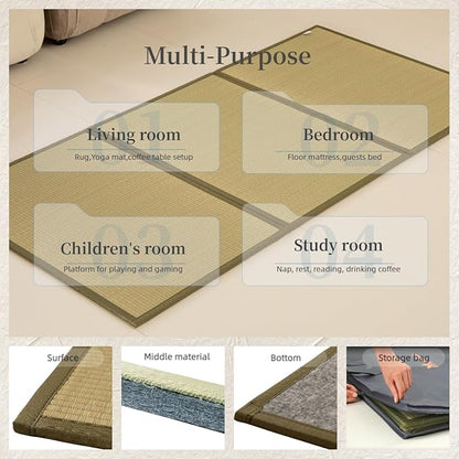 MustMat Tatami Mat Rush Grass Tatami Mattress Japanese Traditional Foldable (Full_xl-55"x82")