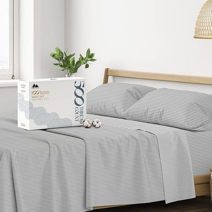 Mayfair Linen 100% Cotton Striped Sheets Split King Size Bed Set - 500 Thread Count Damask Split King Sheets for Adjustable Bed, 5 PC Set (Silver Stripe), Cooling, Sateen 16" Deep Pocket Bedsheet