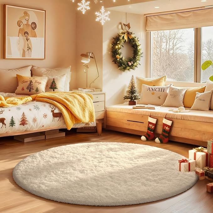 Ophanie Round Rugs 3Ft Ivory Circle Area Rug,Christmas Room Decor, Aesthetic Nursery Bedroom Carpet, Fluffy Fuzzy Plush Soft Shaggy Cream Living Room Rugs for Kids Boys Girls Teen Baby Home, Dorm