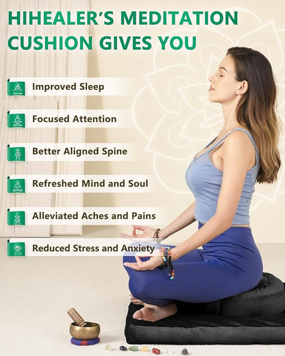 Hihealer Meditation Cushion Set Large Velvet Floor Pillow & Traditional Tibetan Yoga Bolster for Adults Zafu Meditation Mat with Buckwheat Filling (Black)
