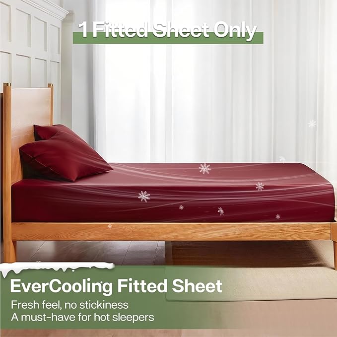 MR&HM Full Fitted Sheet Only, Ultra-Soft Rayon Derived from Bamboo & Polyester Blend, Silky & Breathable, 15" Deep Pocket with Elastic Straps, Cooling Fitted Sheet for Hot Sleepers, Burgundy